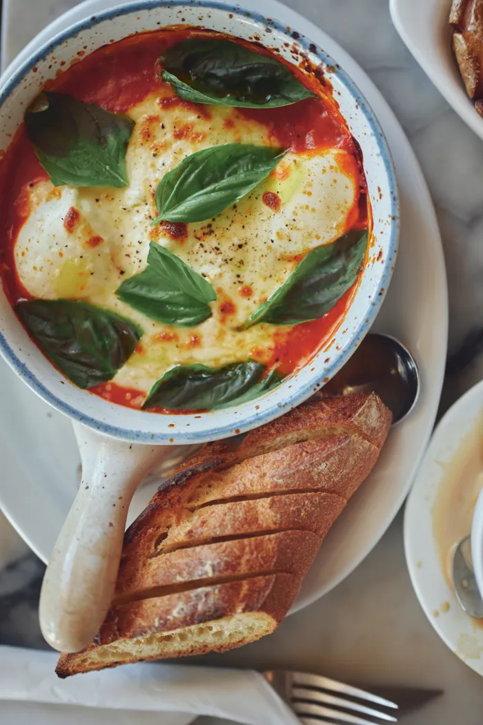 baked eggs, cappuccino