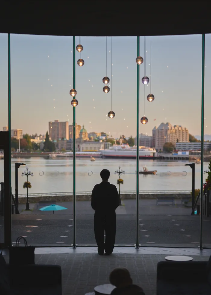 the lobby, harbour behind the glass