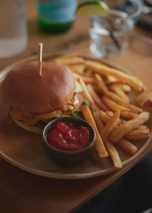 burger and fries at LURE by the window