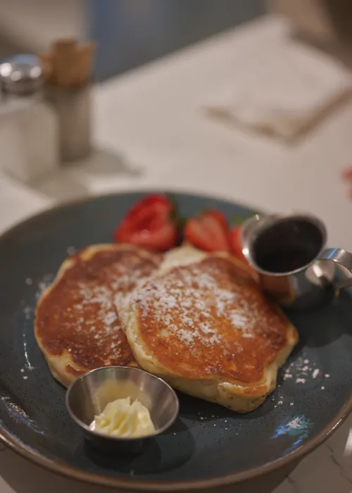 pancakes, strawberries, done